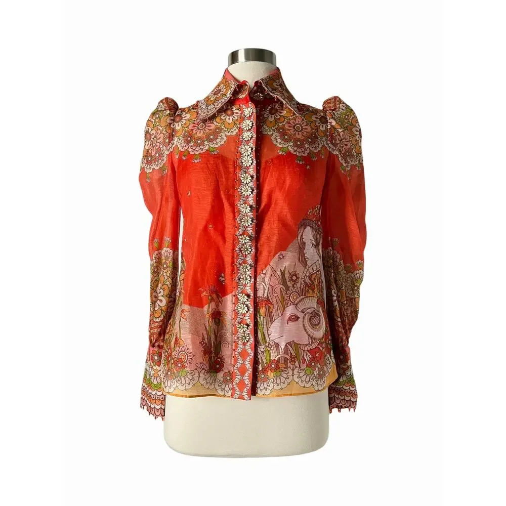 Zimmermann Kaleidoscope Zodiac Aries Top Shirt Red Orange Floral Linen Silk 0P